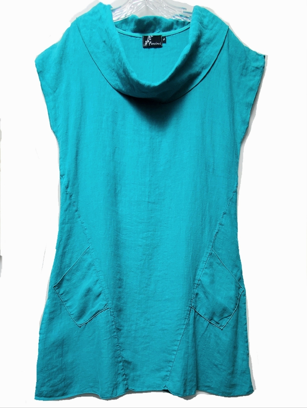 Fenini Turquoise 100% Linen Aline Tunic Top Lagenlook Pockets Size Small